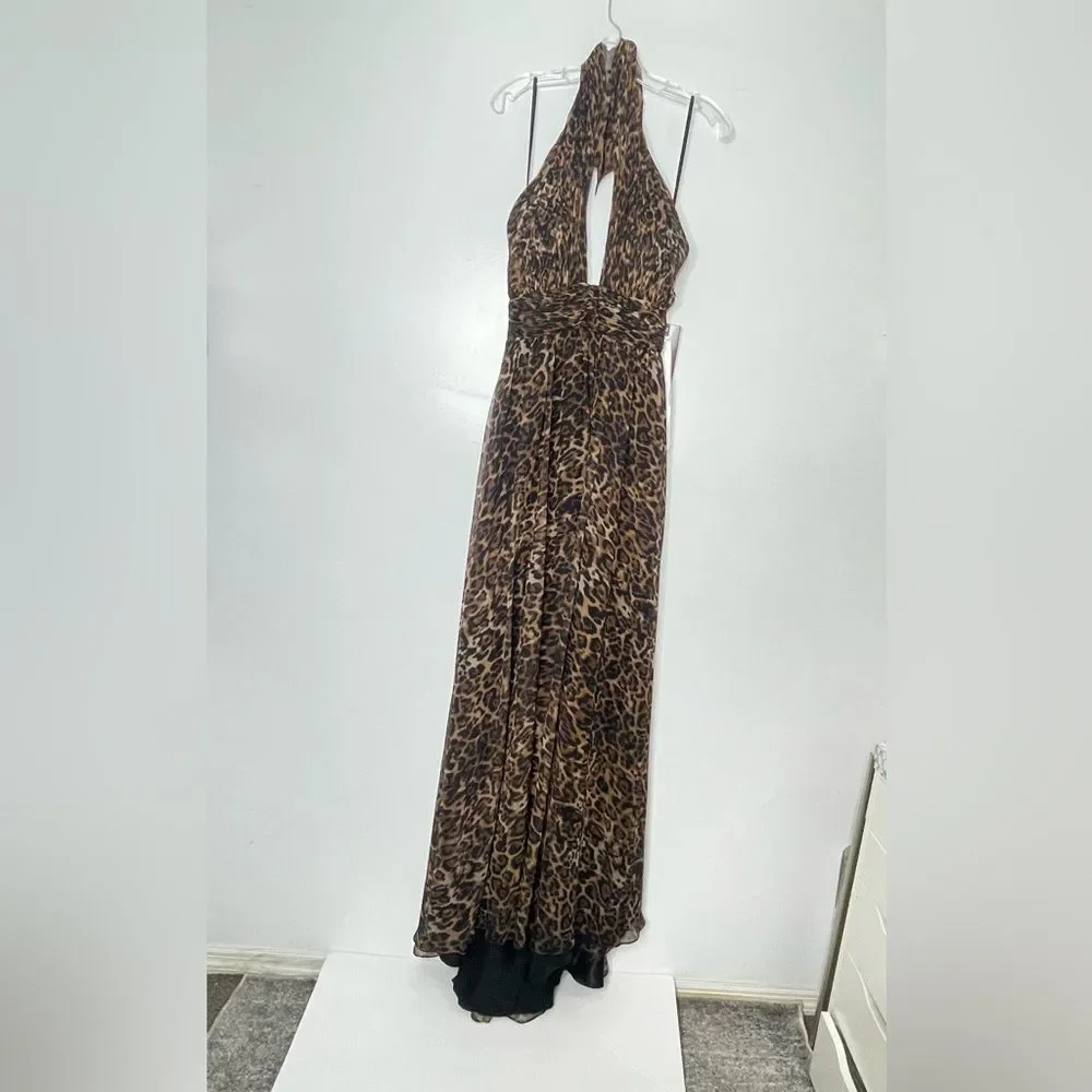 Mac Duggal 67360 Bow Detail Animal Print Open Back Halter Gown, Cheetah, Size 2